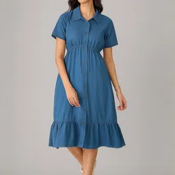all about you Women Shirt Collar Fit & Flare Cotton Midi Dress image 5
