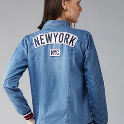 DOLCE CRUDO Women Blue Striped Denim Jacket-image-45