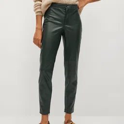 MANGO Women Green Coated Solid Regular Trousers-picture-18