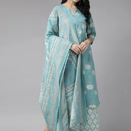 Yufta Women Blue & Off-White Printed Kurta with Palazzos & Dupatta-picture-13