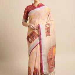 Saree mall Cream-Coloured & Pink Printed Saree-picture-5
