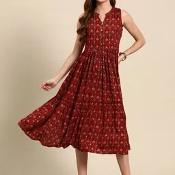 Anouk Ethnic Motifs Printed Pleated Fit & Flare Dress image 3