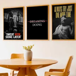 WALLLANE Set of 3 Red & Multicoloured Wood Bodybuilding Motivational Art Framed Poster-image-90