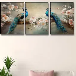 Myntra Elegant Homes Beige & Blue 3 Pieces Birds and Animals Peacock Wall Art-image-1
