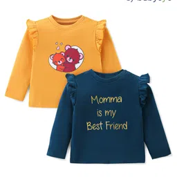 Babyoye Eco Conscious Cotton Knit Full Sleeves Bear Printed T-Shirts Pack of 2 - Yellow & Blue-picture-21