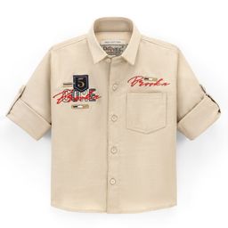 Dapper Dudes Full Sleeves Text Embroidered Shirt - Fawn-picture-30