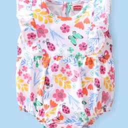 Babyhug 100% Cotton Knit Frill Sleeves  Onesie with Floral Print - White-image-96