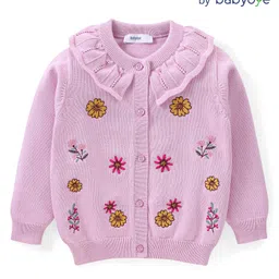 Babyoye 100% Cotton Knit Full Sleeves Front Open Sweater with Floral Embroidery & Frill Detailing - Lilac-picture-25