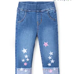 Babyoye Cotton Woven Jeans With Solid Colour & Star Embroidery - Blue-image-0