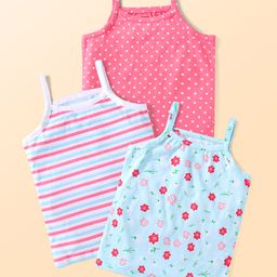 Babyhug 100% Cotton Knit Singlet Sleeves Striped Polka Dots & Floral Printed Slips Pack of 3 - Pink White & Aqua Blue-picture-21