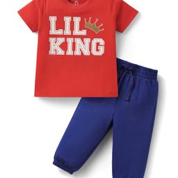 Doodle Poodle 100% Cotton Knit Half Sleeves T-Shirt & Lounge Pant Set with Text Print - Red & Navy Blue-picture-37