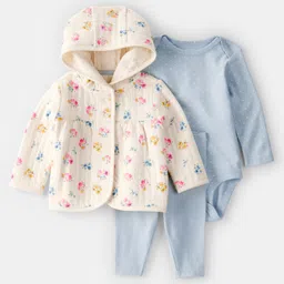 Carter's Knit Full Sleeves Hooded Jacket & Lounge Pant Set with Onesie with Floral & Polka Dot Print - Light Blue & Ivory-picture-25