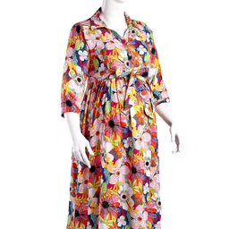 Bella Mama Woven Three Fourth Sleeves Shirt Maternity Dress With Floral Print - Pink & Red-image-69