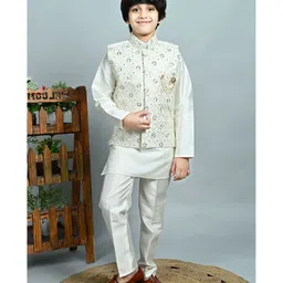 BT DEZINES Cotton Silk Full Sleeves Solid Kurta Pyjama With Ethnic Embroidered Jacket Set - White-picture-15