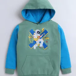 BUMZEE Looper Knit Full Sleeves Astronaut Printed Hooded Sweatshirt With Kangaroo Pockets - Green & Blue-image-23