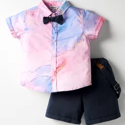 ToffyHouse Cotton Woven Half Sleeves Tie & Dye Printed Party Shirt & Shorts With Bow & Suspender - Pink & Navy Blue-image-64