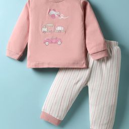 Zero Interlock Knit Full Sleeves T-Shirt & Joggers Set With Vehicle Print & Embroidery - Peach & Off White-picture-21