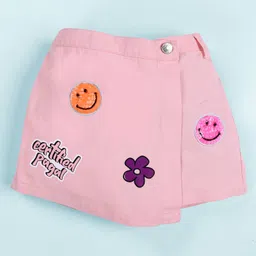 Kiddopanti Cotton Woven Certified Pagal Text Printed & Smiley Badge Detailed Over Lap Skort - Pink-image-37