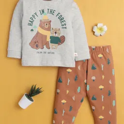 BUMZEE Cotton Knit Full Sleeves Happy In The Forest Text Printed Night Suit Set - Brown & Grey-picture-27
