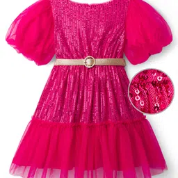 Hola Bonita Knit Half Sleeves Glitter Mesh Party Dress With Sequin Detailing & Belt - Fuchsia-image-72