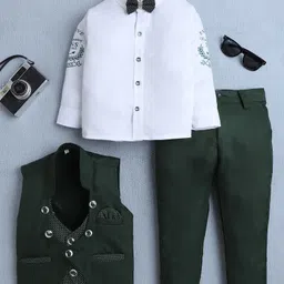 Fourfolds Cotton Blend Woven Full Sleeves Polka Dots & Typography Printed 3 Piece Party Suit Set With Bow - Dark Green-picture-13