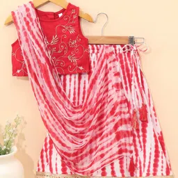 Babyhug Sleeveless Embroidery Choli & Tie Dye Lehenga With Dupatta - Red image 2