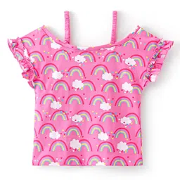 Babyhug Cotton Knit Cold Shoulder Sleeves Top with Frill Detailing  & Rainbow Print - Pink image 2