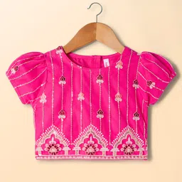 Babyhug Net Woven Half Puffed Sleeves Choli Lehenga & Dupatta Set with Floral Embroidery - Pink image 2