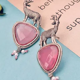 Anouk German Silver-Plated Stones Studded & Pearls Beaded Deer Oxidised Drop Earrings image 4