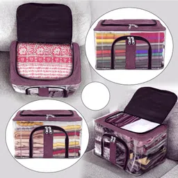 Storite 3 Pack Nylon 33 L PVC Transparent Moisture Proof Storage box for Clothes Closet Wardrobe Organizer Bag for Clothes Saree Bags with Carry Handle - (Vivid Red image 5