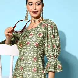 Yufta Green & White Ethnic Motifs Sweetheart Neck Bell Sleeves A-Line Midi Ethnic Dress image 1