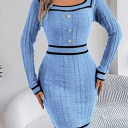 StyleCast x Revolte Women Self Design Square Neck Long Regular Sleeves Sheath Dress image 1
