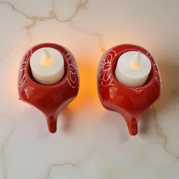 Lupaava 2 Pieces Red & White Floral Printed Elephant Ceramic Tealight Candle Holders image 2