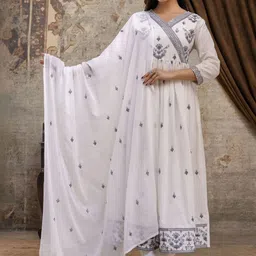 MANJALI DESIGN Women Ethnic Motifs Embroidered Angrakha Sequinned Pure Cotton Kurta with Trousers & With-picture-11