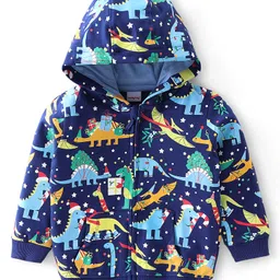 Babyhug Cotton Knit Full Sleeves Sweatjacket With Zipper & Hood Dino Print - Blue-picture-13