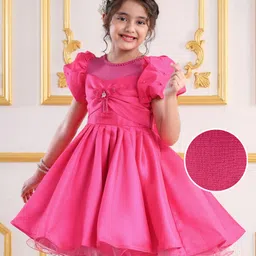 Mark & Mia Half Puffed Sleeves Solid Colour Party Frock with Pearl Detailing & Applique - Fuschia-picture-23