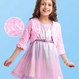 Hola Bonita Knit Shimmered Party Frock with Full Sleeves Sequined Fur Shrug - Pink-picture-11