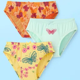 Babyoye Cotton Elastane Knit Panties With Floral & Butterfly Print Pack Of 3 - Yellow Light Green & Orange-image-83