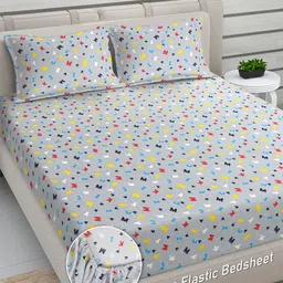 FABINALIV Grey Cartoon Print Woollen King Size Fitted Double Bedsheet with 2 Pillow Covers-picture-14