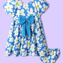 Babyhug Single Jersey Knit Half Raglan Sleeves Floral Printed Frock With Bow & Bloomers - Blue-picture-30