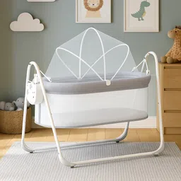 Baby Electronic Auto Swing Cradle with Mosquito Net - Grey| 32 Swing Speeds| Tool Free Assembly| Washable Fabric| Breathable Soft Mattress| Mosquito Net| Mess Sides| Soft Suspension| Rust Resistant-image-87