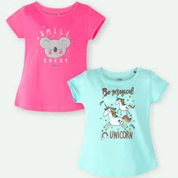 Ariel Cotton Knit Pack of 2 Half Sleeves Koala Embroidered & Typography Printed Tops - Pink & Sky Blue-picture-33