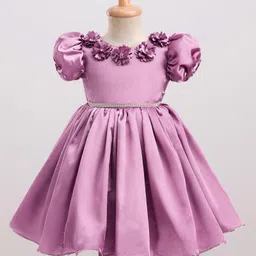 Bluebell Satin Woven Half Sleeves Party Frock With Floral Corsage - Purple-picture-10