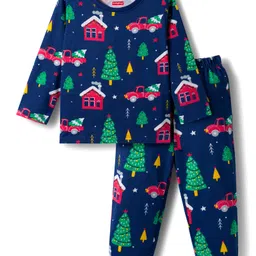 Babyhug Cotton Knit Full Sleeves Co-ords Night Suit With Christmas Tree Print - Navy Blue-picture-28
