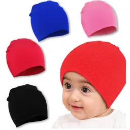 Babymoon Cotton Pack Of 4 Solid Stretchable Cap - Multi Colour - Circumference - 17 Cm-picture-15
