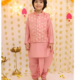 BownBee Silk Woven Full Sleeves Solid Kurta Dhoti With Floral Foil Printed Jacket Set - Peach image 1