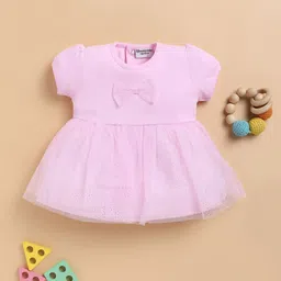 Wonderchild Half Puffed Sleeves Bow Applique Detailed & Glitter Printed Knee Length Dress - Pink-picture-17