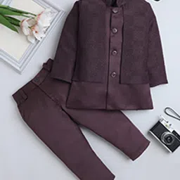 Fourfolds Jacquard Woven Full Sleeves Solid Sherwani With Abstract Embroidered Attached Jacket & Trousers Set - Wine-picture-35