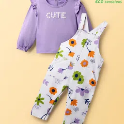 Babyoye Cotton Knit Dungaree & Full Sleeves T-Shirt With Floral Print - Purple & White image 2