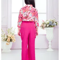 TINY BABY Linen Woven Solid Jumpsuit With Three Fourth Sleeves Floral Printed Jacket & Belt - Pink image 3